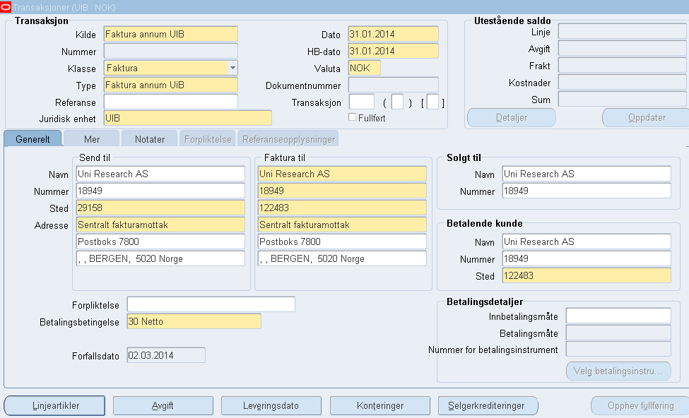 Prosjektnr: nummer på prosjektet fakturaen er knyttet til Bank og org nr: UIB og UNI R har dette som default NSD, UNIFOND og BTO må velge sine respektive bankkonto- og organisajonsnummer Mailadresse: