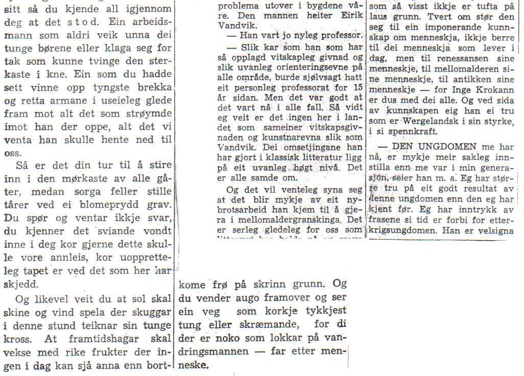 avis då Eirik Vandvik døydde i september 1953.