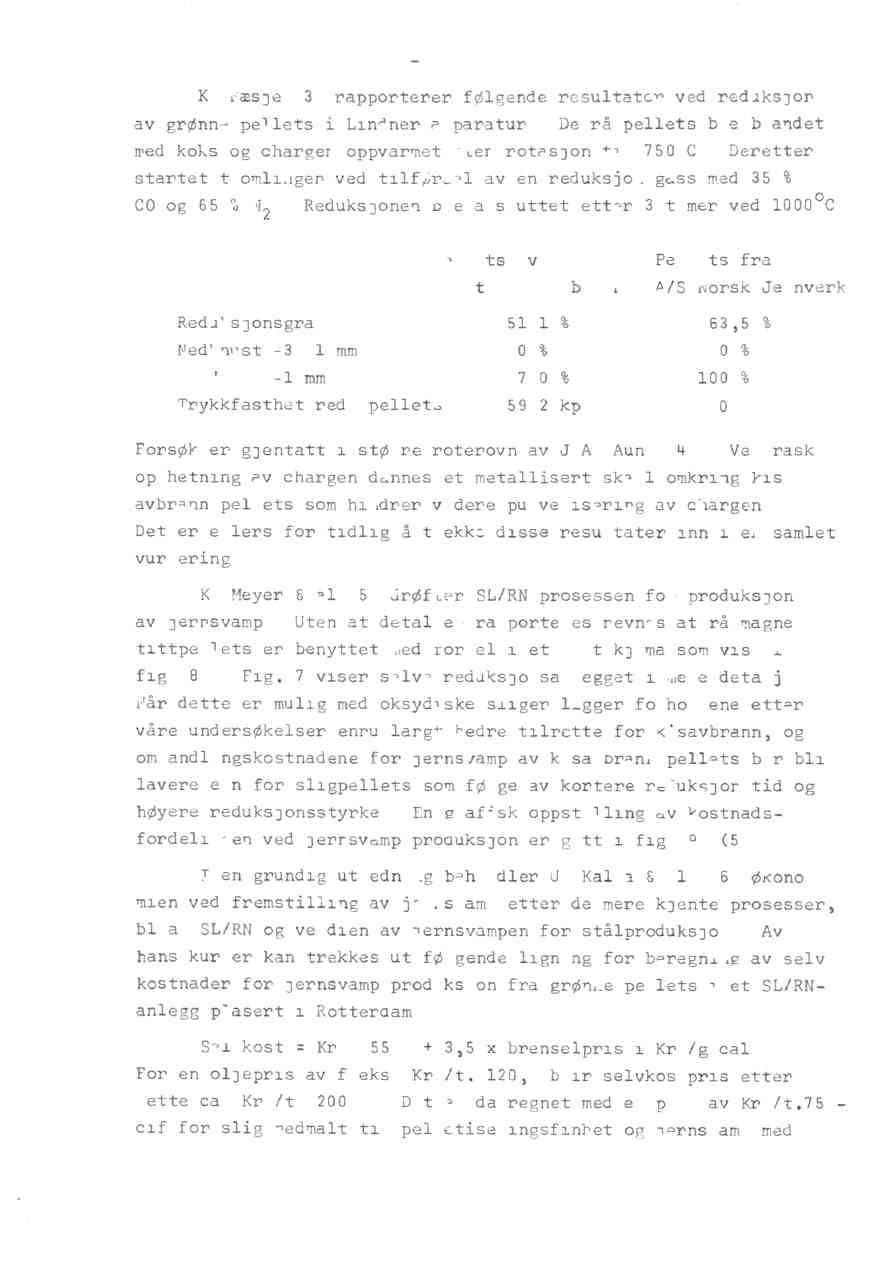 -12- K. Næsje (3) rapporterer følgende rcsultater ved rsduksjon av grønne pellets i Lindner-apparatur. De rå pellets ble blandet med koks og chargen oppvarmet uten rotasjon til 750 C.