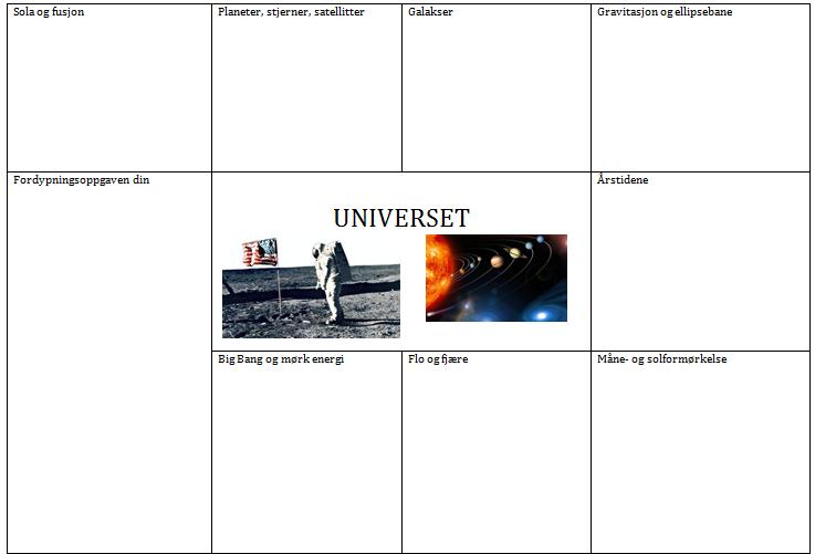 Boksskjema 12 En notatteknikk der elevene selv må formulere og skrive ned det de anser som viktigst fra hvert tema. Del et A3 ark i flere ruter/bokser. I midten skriver du ned hovedtema.