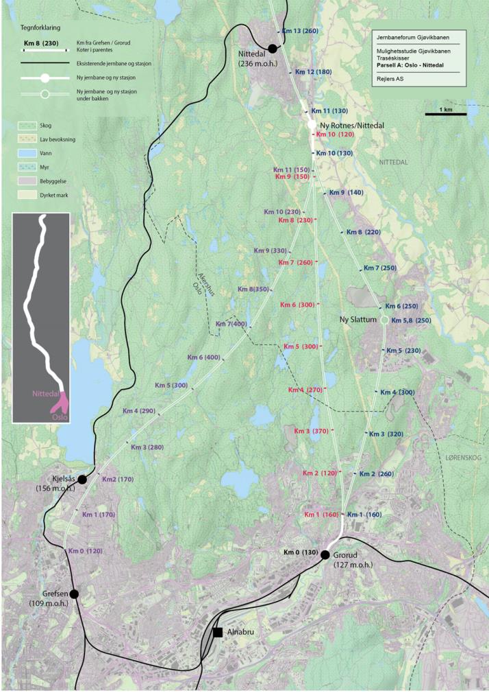 Del I Parsell Oslo - Nittedal Alt. 1Grefsen Nittedal går inn i fjellet 500 m nord for Grefsen stasjon Alt.