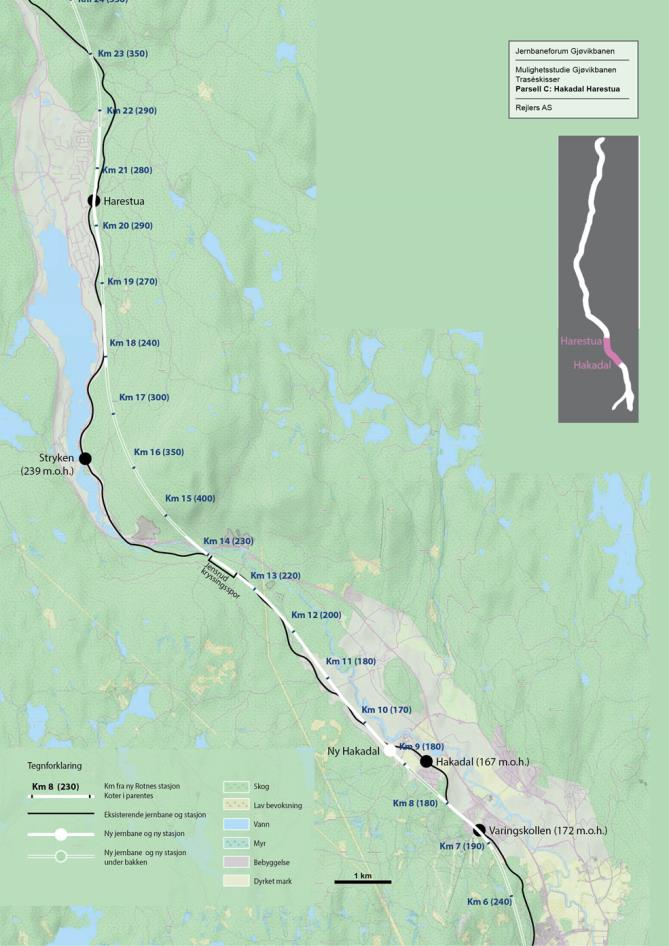 Parsell Hakadal-Harestua Fra Hakadal stasjon ca 4 km som daglinje nær dagens trase frem til Jensrud kryssingsspor, som vil kunne inngå i dobbeltsporet.