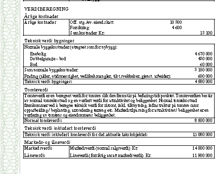 Eksempel på verdivurdering i takstrapport 5 180 for å bygge huset - 600 fradrag