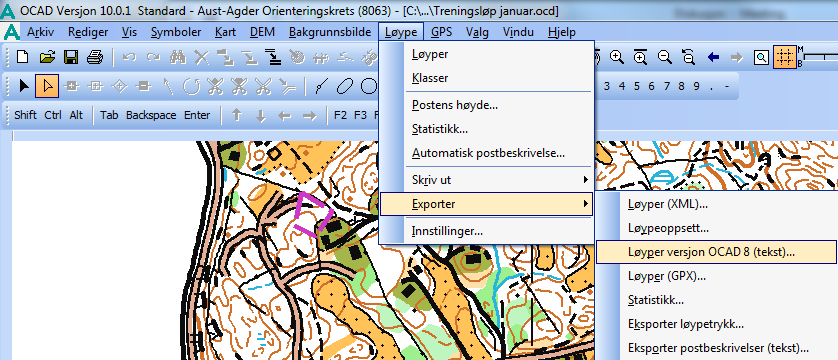 Informasjon om løypene OCAD 8: Gå inn i Ocad og eksporter løypene til tekst-fil: Det vil da bli laget en fil som