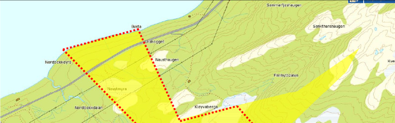 Tema: Landskap Kulturminner og Strandsone og Landbruk og reindrift Miljø og klima Barn og unge Helse Infrastruktur Merknad: Som for området ved Sørbekken har området nord for riksvegen en bredde som