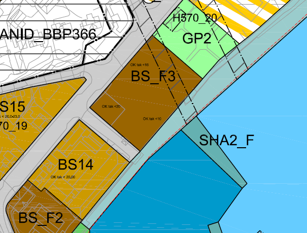 Område nr. 5: BS_F3 Dagens arealbruk Avsatt til næringsformål i KPA. Regulert til forretning/offentlig bebyggelse/bevertning og herberge. Etablert som parkeringsplass.