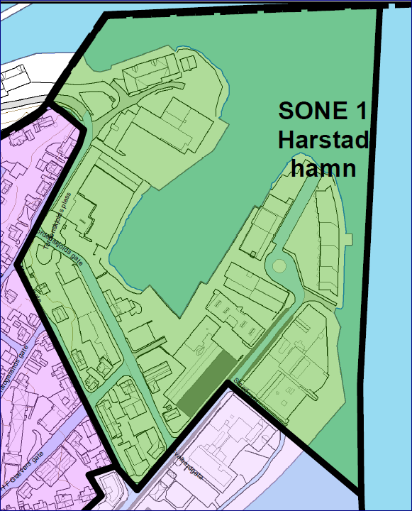 4.1. Sone 1 Harstad hamn Sone 1, Harstad hamn, er avgrenset til blokkbebyggelsen og næringsbebyggelsen som omkranser selve vågen og Holstneset ned mot Samasjøen og Harstad brygge/kulturhuset.