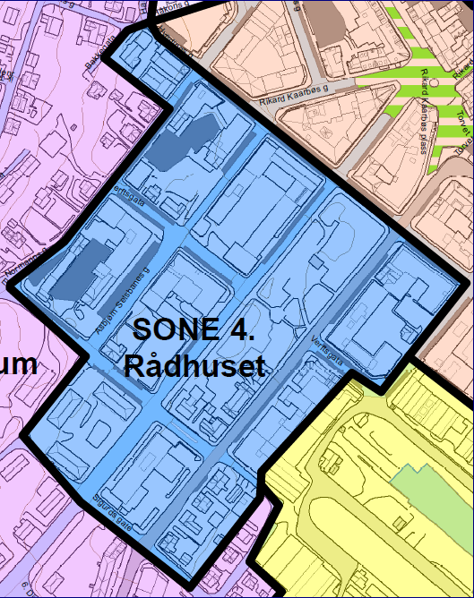 Sone 4 Rådhuset Sone 4, Rådhuset er avgrenset mot sone 3 langs Hvedingsgate.