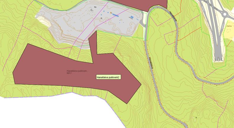 R-3 Hanekleiva Pukkverk felt 2 konsekvensutredning Dagens formål: LNF-område Foreslått formål: Råstoffutvinning Arealstørrelse: 104 daa Forslagsstiller: Guni Consult, på vegne av Franzefoss Pukk AS :