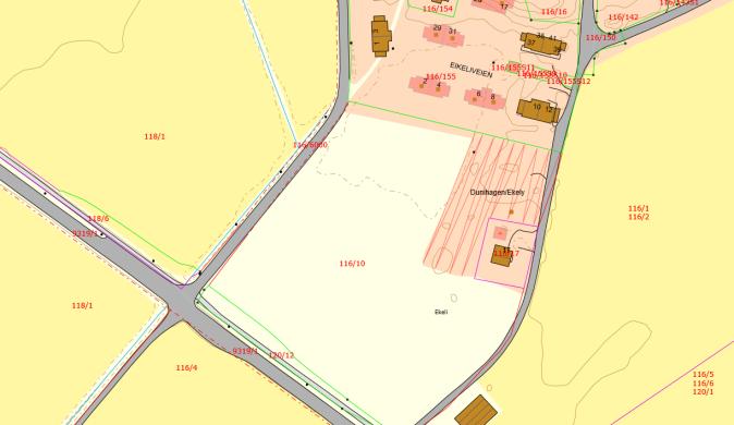 B5 Dunihagen/Ekely konsekvensutredning Dagens formål: LNF-område Foreslått formål: Boligbebyggelse Arealstørrelse: ca. 3 daa (se skravert omr.