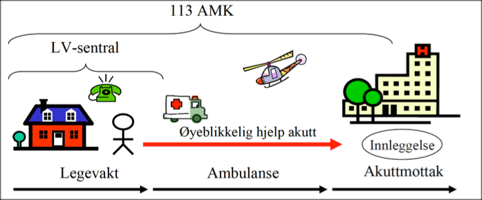 Følger for kritiske samfunnsfunksjoner Figur 4. Den akuttmedisinske kjeden. Kilde: NTNU. Den akuttmedisinske kjeden. Kilde: NTNU Politiets IT-systemer for grensekontroll (knyttet til UDI) vil også bli rammet.