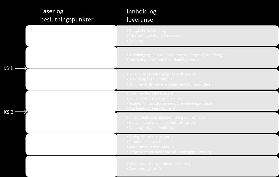 Byrådsavdelingen har ansvaret for prosjektinitieringen. Denne fasen skal resultere i et oppdrag fra byrådsavdelingen til UDE om utarbeidelse av en konseptvalgutredning.