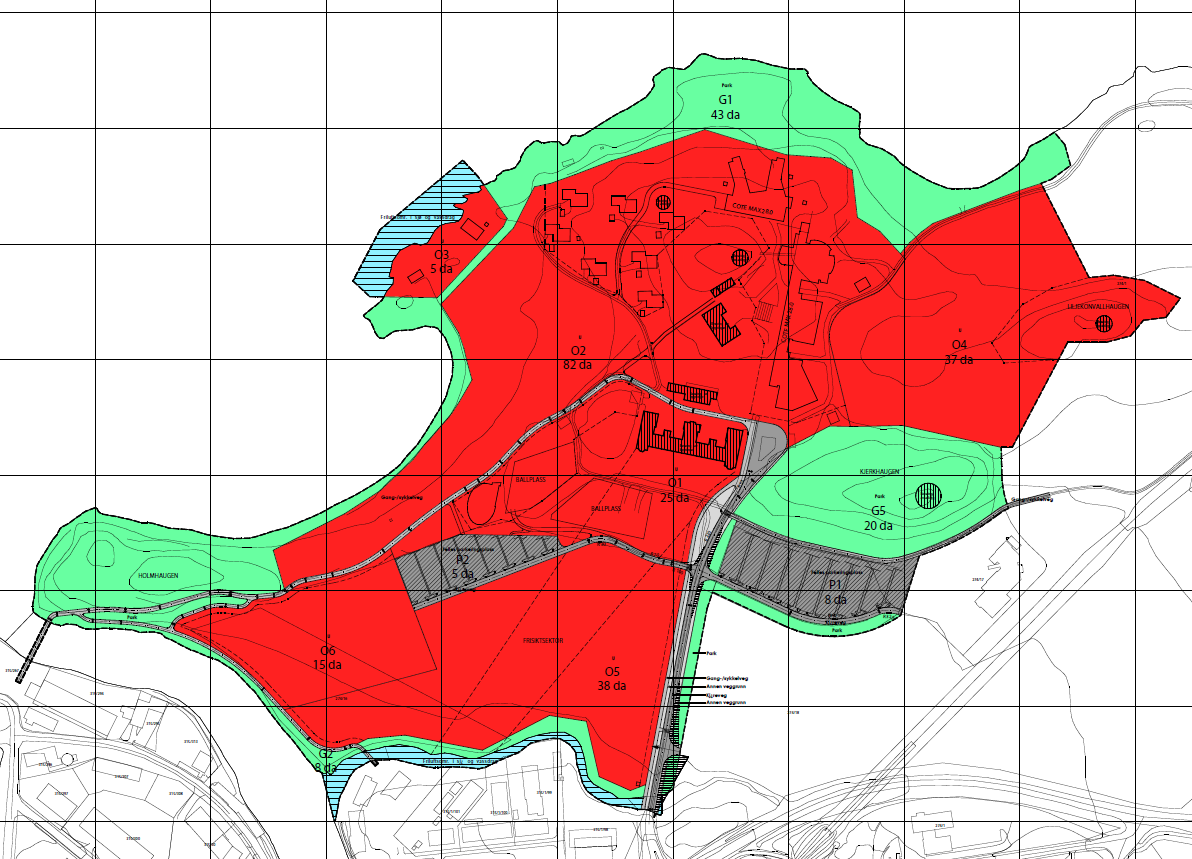 Kartutsnitt av gjeldende regulering, vedtatt 13.10.2004. I gjeldende reguleringsplans bestemmelser stilles det krav om godkjent bebyggelsesplan før byggemeldinger kan behandles.