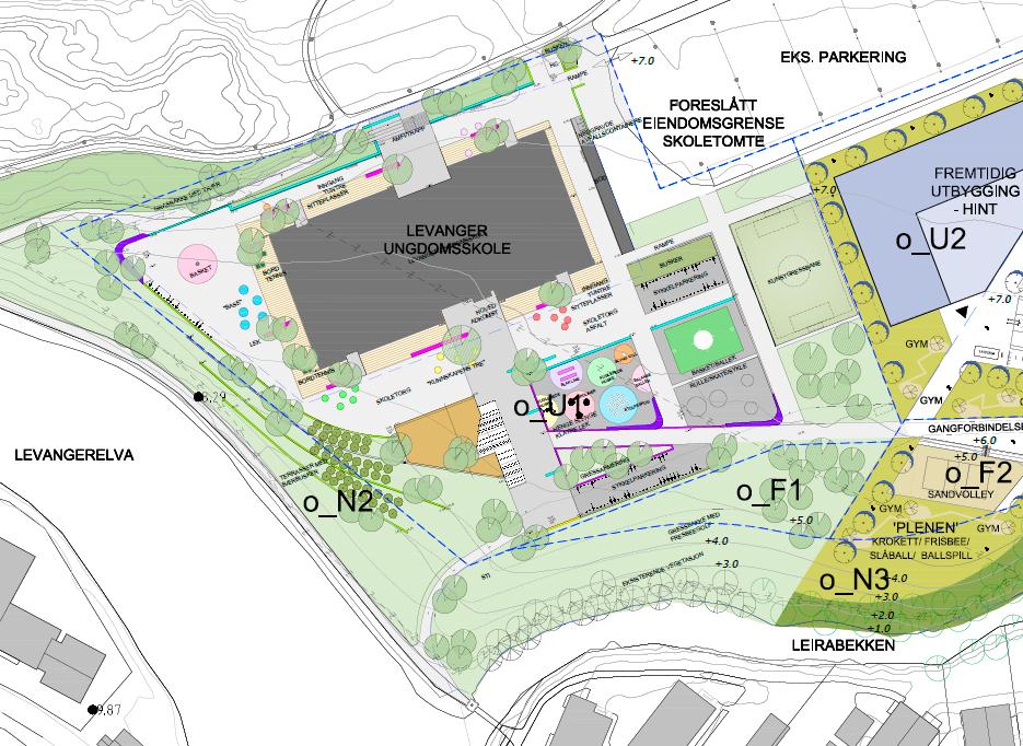 Fase 1 Ungdomsskolen (Bjørbekk og Lindheim AS) Fase 2 midlertidig opparbeidelse av byggeområdene o_u2 og o_u3 som del av aktivitetsområdet.