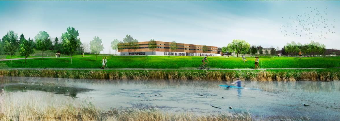 Perspektiv, skolen sett fra sørsiden av elva (DivA Arkitekter) Utbyggingen av ungdomsskolen vil ligge godt plassert i landskapet og vil sammen med Trønderhallen fremstå som en del av bebyggelsen på