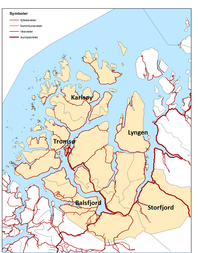 151 Figur 6.1 Veger i Tromsøregionen 6.2.1 Veger, bruer og tuneller Tradisjonelt har vegforbindelsene internt i Tromsøregionen vært bygget langs fjordene og i dalbunnene.