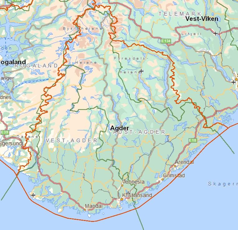 1.3 Vannregionen og vannområdene Vannregion Agder består av Aust-Agder og Vest-Agder, en del av Telemark og litt av Rogaland, og er delt opp i syv vannområder. Figur 1: Kart over vannregion Agder.