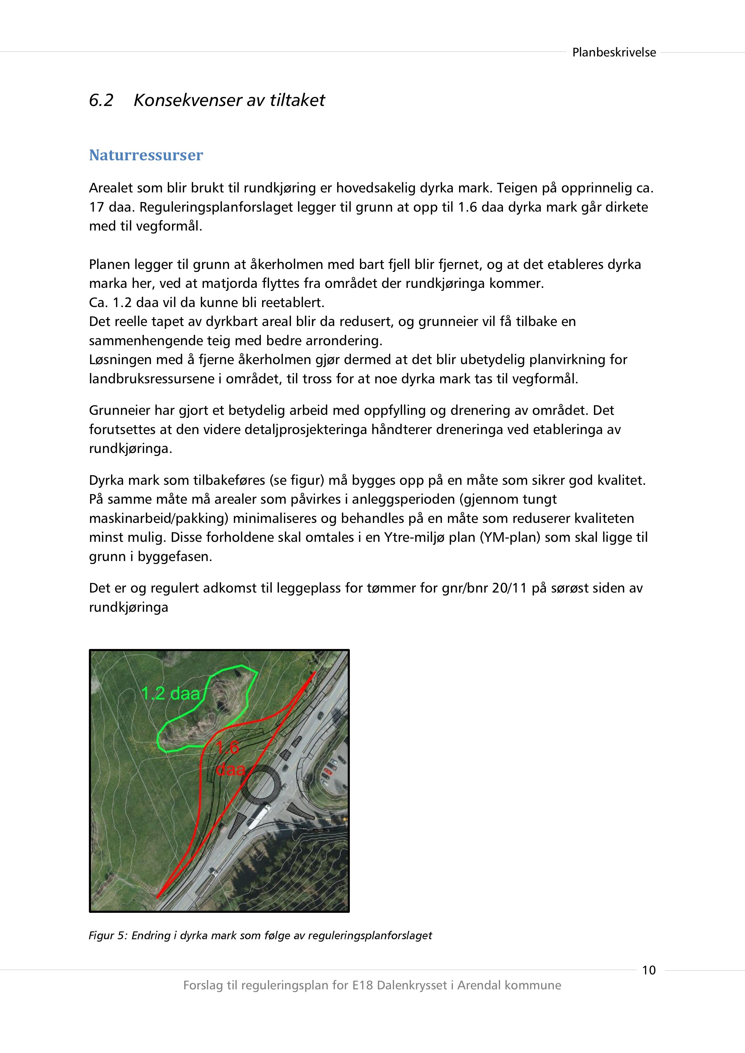 6.2 Konsekvenser av tiltaket Naturressurser Arealet som blir brukt til rundkjøring er hovedsakelig dyrka mark. Teigen på opprinnelig ca. 17 daa. Reguleringsplanforslaget legger til grunn at opp til 1.