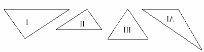 Oppgave 42 (Geometri, -95) J15 Hvilke to trekanter er formlike? A. I og II B. I og IV C. II og III D. II og IV E.
