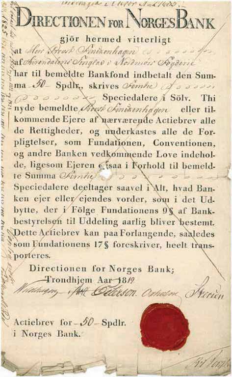 De første aksjebrevene fra Norges Bank.