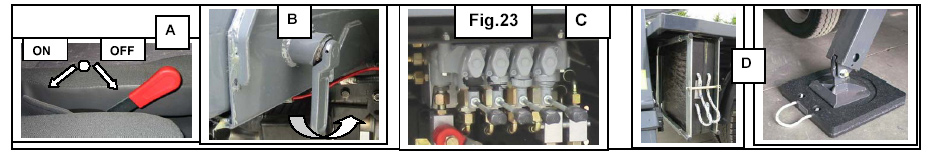 Grønt lys på når kraftuttaket er tilkoblet. 4 For fremre støttebein, vri den manuelle spaken (pod B) og dra ut støttebein til de automatisk låses.