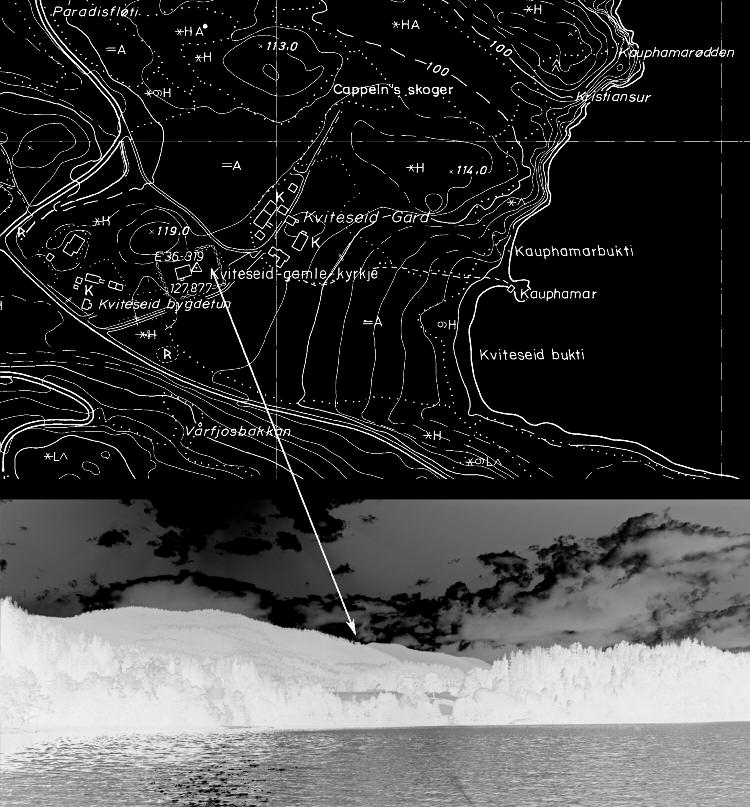 117 11. Utsnitt av ØK kart over Kviteseid gård og kirke med Kauphamar ved eidet mellom Bandak og Kviteseidvann. Nederst: havn og kirkestedet sett fra Kviteseidvann.