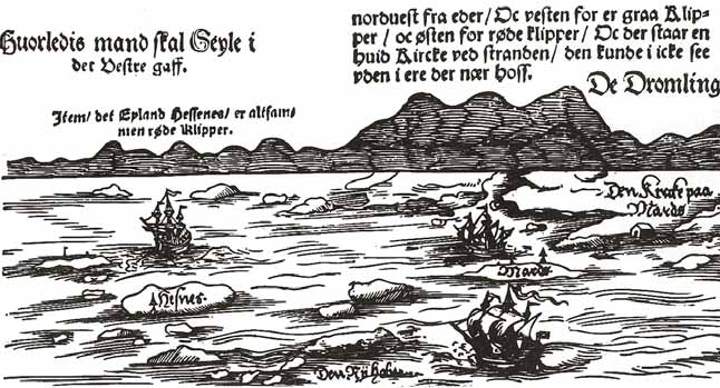 en rekke fjelltopper med navnet De voort van Trom og lengre inn på fastlandet også De vos van Mardou, som er Rygenefossen.