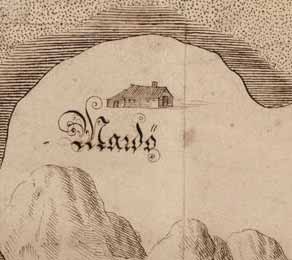 Utsnitt av Thomas Bast Flinthoughs kart fra 1799 over den vestre bebyggelsen på Merdø. Tollboden med uthus ligger fremst på Nabben. Nordvest for dette ligger et noe mindre hus.