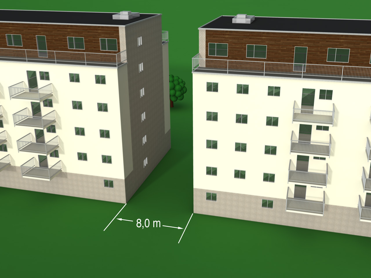 11-6 Figur 4: Skille mellom høye byggverk i ulike bruksenheter. Avstand minimum 8,0 m eller brannvegg(er).