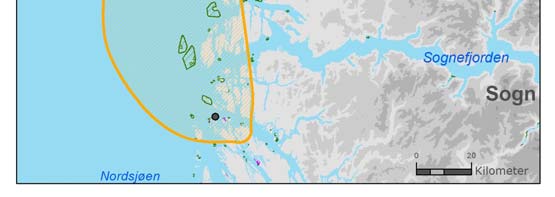 enn 50 % treffsannsynlighet Eksempler på disse kartene fra utslippspunktet på Vestlandet (ved Fedje) er