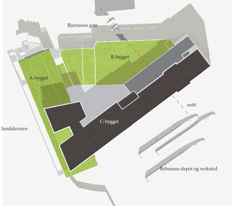 Figur 2 Illustrasjon av planlagt utbygging i Andr. Olsen Kvartalet (Arkitektgruppen-Cubus 2014) I følge Bergen kommune ligger planområdet i gul luftforurensningssone.