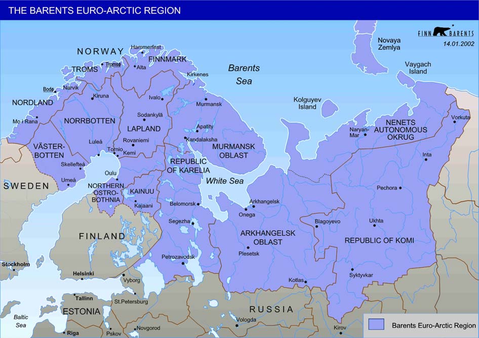 2 Barentssamarbeidets geografisk utstrekning 2.1 Innledning Barentssamarbeidet startet i 1993 med åtte regioner. Siden den gangen er samarbeidet utvidet og består i dag av 13 fylker/län/oblast.