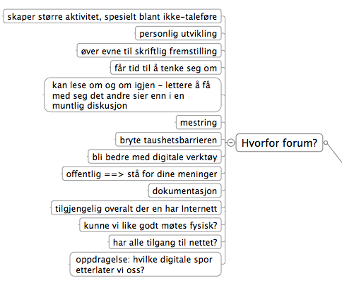 Stikkordene fra tankekartet sier egentlig ganske mye i seg selv, uten at de trenger utdyping. Litt av vitsen med et tankekart, er at det skal sette tanker i system, og gi oversikt.