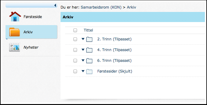 Samarbeidsrom - Ressursmapper Alle ressursmappene du har tilgang til finner du i rommets arkiv-verktøy. Fordi Lise Larsen har angitt at hun er lærer på 2., 4. og 6.