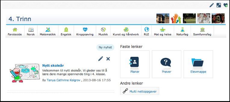 Trinnrom barneskole - Førsteside Førstesiden i trinnrommet inneholder et banner med lenker til de ulike fagsidene (1), nyheter (2) samt et område med ulike lenker (3).