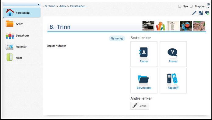 Trinnrom ungdomsskole På ungdomsskolen, der de ulike fagene har egne rom, er lenkene til de ulike fagsidene fjernet. Videre er portefølje og innlevering fjernet fra venstremenyen.