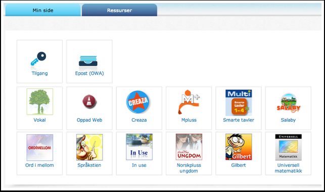 Ressurser Ressurser-fliken inneholder snarveier til digitale verktøy og ressurser. Innholdet i denne fliken kan variere mellom skoler og kommuner.