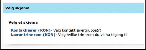 Hvilke skjemaer som finnes tilgjengelig på "Nøkkelen" vil variere mellom kommuner, skoler og personer. Lise Larsen har tilgan til to skjemaer, "Kontaktlærer (KON)" og "Lærer trinnrom (KON)".