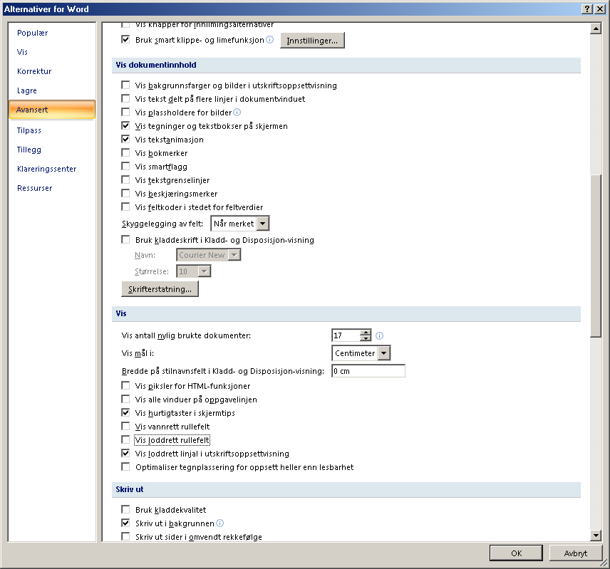 Figur 68 Dialogboksen Alternativer for Word. 7. Trykk Ctrl+Tab til fanearket Avansert er aktivt. 8. Trykk Tab til markøren står på feltet Vannrett rullefelt.