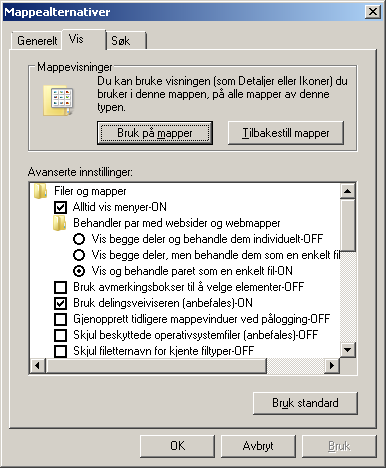 Figur 69 Dialogboksen Mappealternativer. 5. Trykk Ctrl+Tab for å bytte til fanearket Vis. Figur 70 Dialogboksen Mappealternativer med fanearket "Vis" aktivt. 6. Markøren står nå på knappen Bruk på alle mapper.