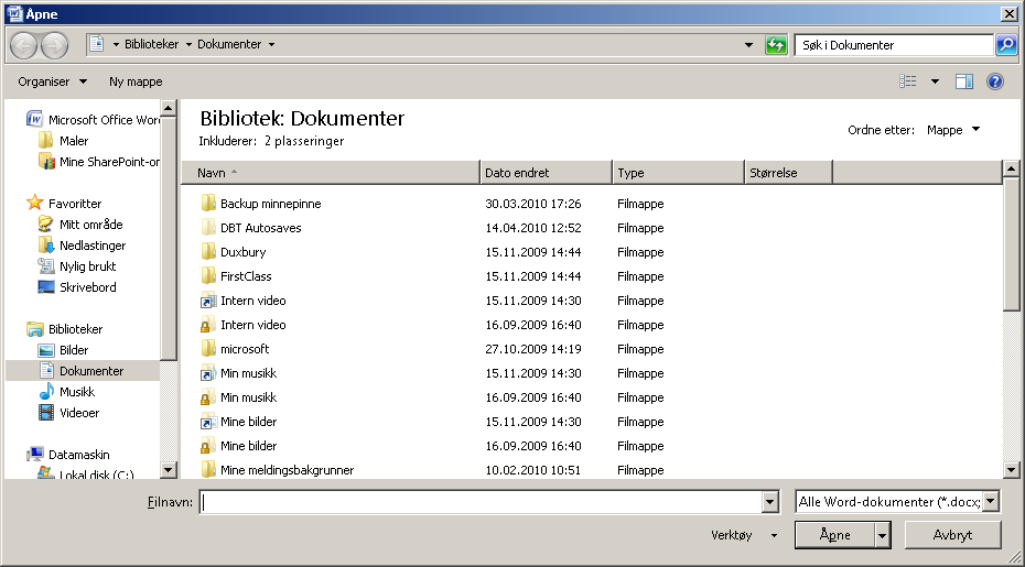 Åpne dokumenter på harddisk Figur 3 Dialogboksen Åpne. Det er flere måter en kan bevege markøren omkring i mappene og dokumentene på i Word.