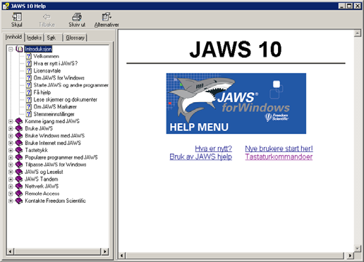 Jaws hjelp I det gis det en kort beskrivelse av hvordan en navigerer i Jaws hjelp. En kan åpne Jaws hjelp ved å aktivere Jaws-vinduet med Insert+J, og deretter trykke F1.