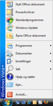 Windows Start knappens valg: Programmer, Dokumenter, Innstillinger, Søk, Hjelp og støtte, Kjør, Avslutt.