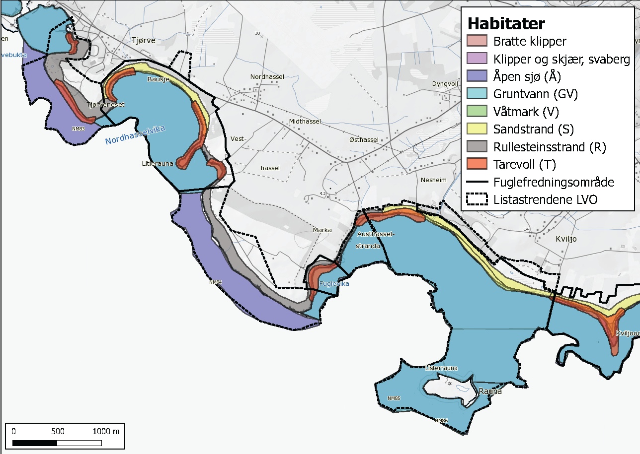 Figur 1 forts: Habitatområder langs Listastrendene landskapsvernområde.