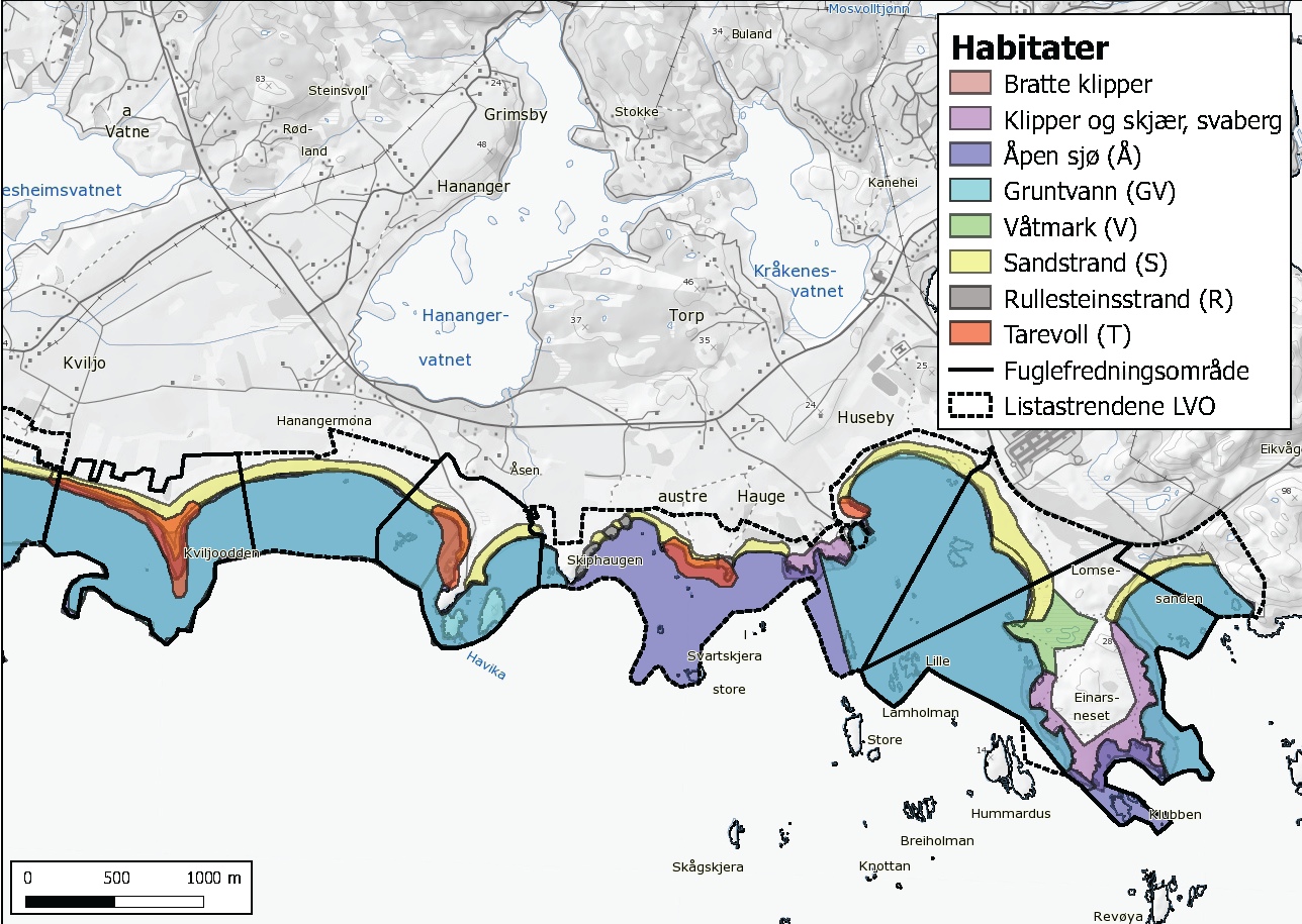 Figur 1: Habitatområder langs Listastrendene landskapsvernområde.