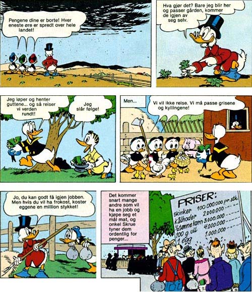 Donald Duck får for mye penger Donald Duck-historien De varige verdier fra 1952 illustrerer på en enkel måte hva som skjer om det brukes for mye penger i et samfunn.