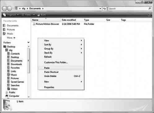 4 Dobbeltklikk på [Documents]- mappen. Høyreklikk deretter på "Documents"-vinduet for å vise menyen, og klikk på [Paste]. Bildefilene kopieres til mappen "Documents".