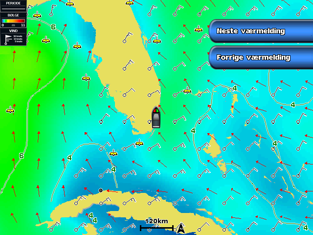 XM WX Satellite Weather og mobile værdata Overflatevind Retninger for overflatevind vises på kartet for sjøforhold ved hjelp av vindpiler som indikerer retningen vinden blåser fra.