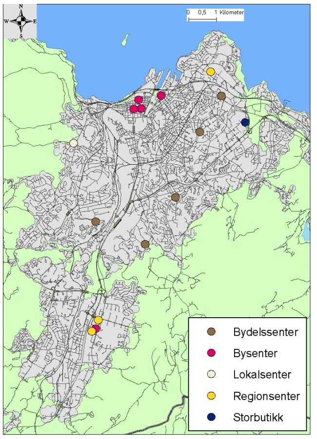 bredt utvalg av bransjebutikker) som skal ligge utenfor de sentrale delene av byer og tettsteder og betjene et stort omland, samt bydelssentre og lokalsentre som skal betjene et lokalt servicebehov