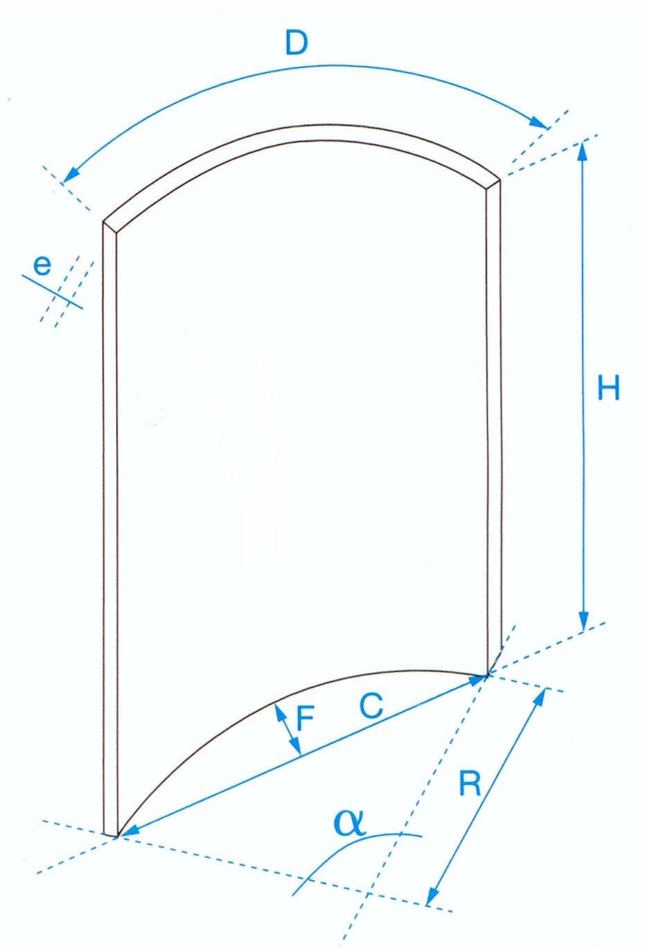 Størrelse: Høyde H:. To av følgende parametere: Buelengde: D:. Korde: C:.